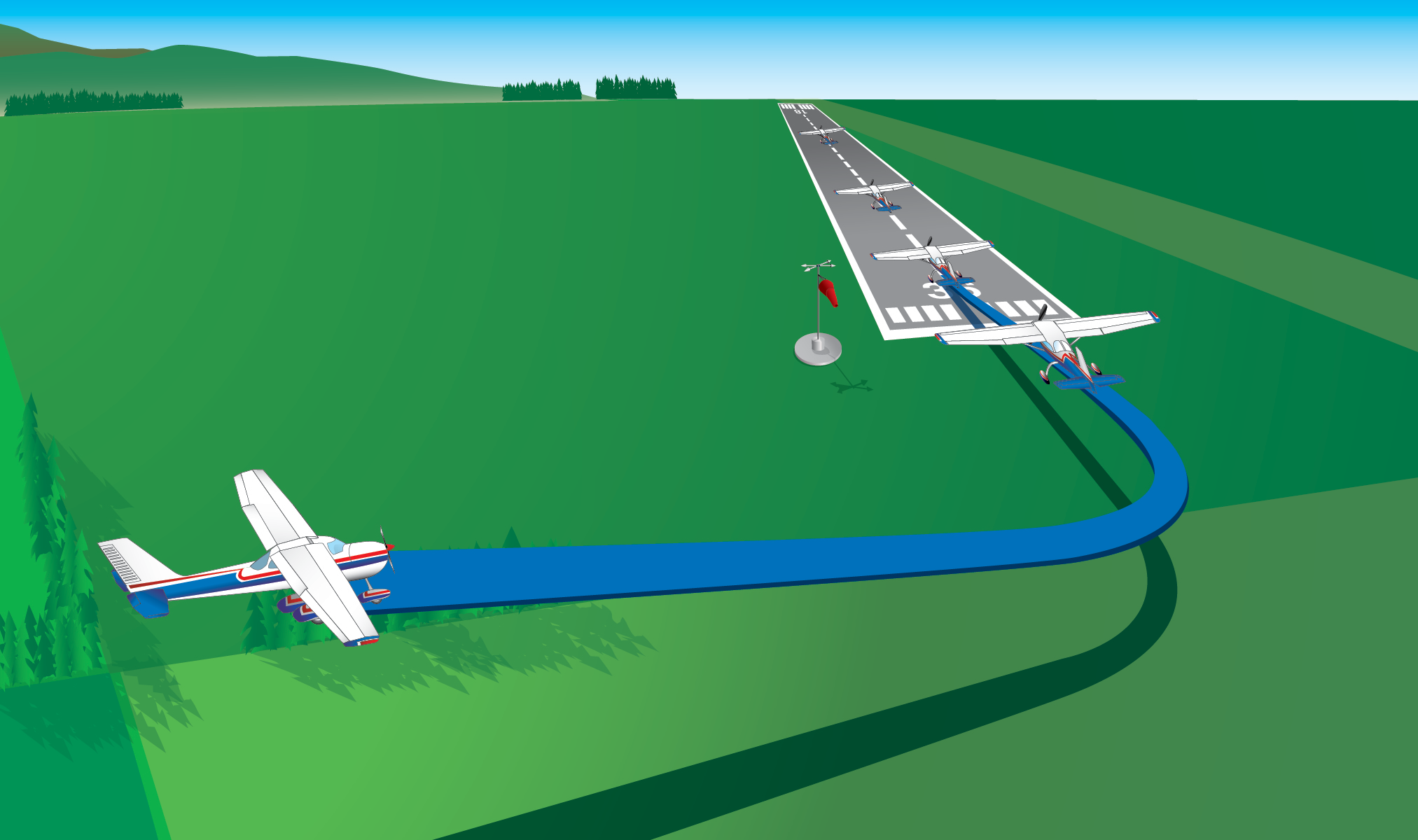 Aerial view of an aircraft turning from base leg to final approach, aligning with the runway centreline.