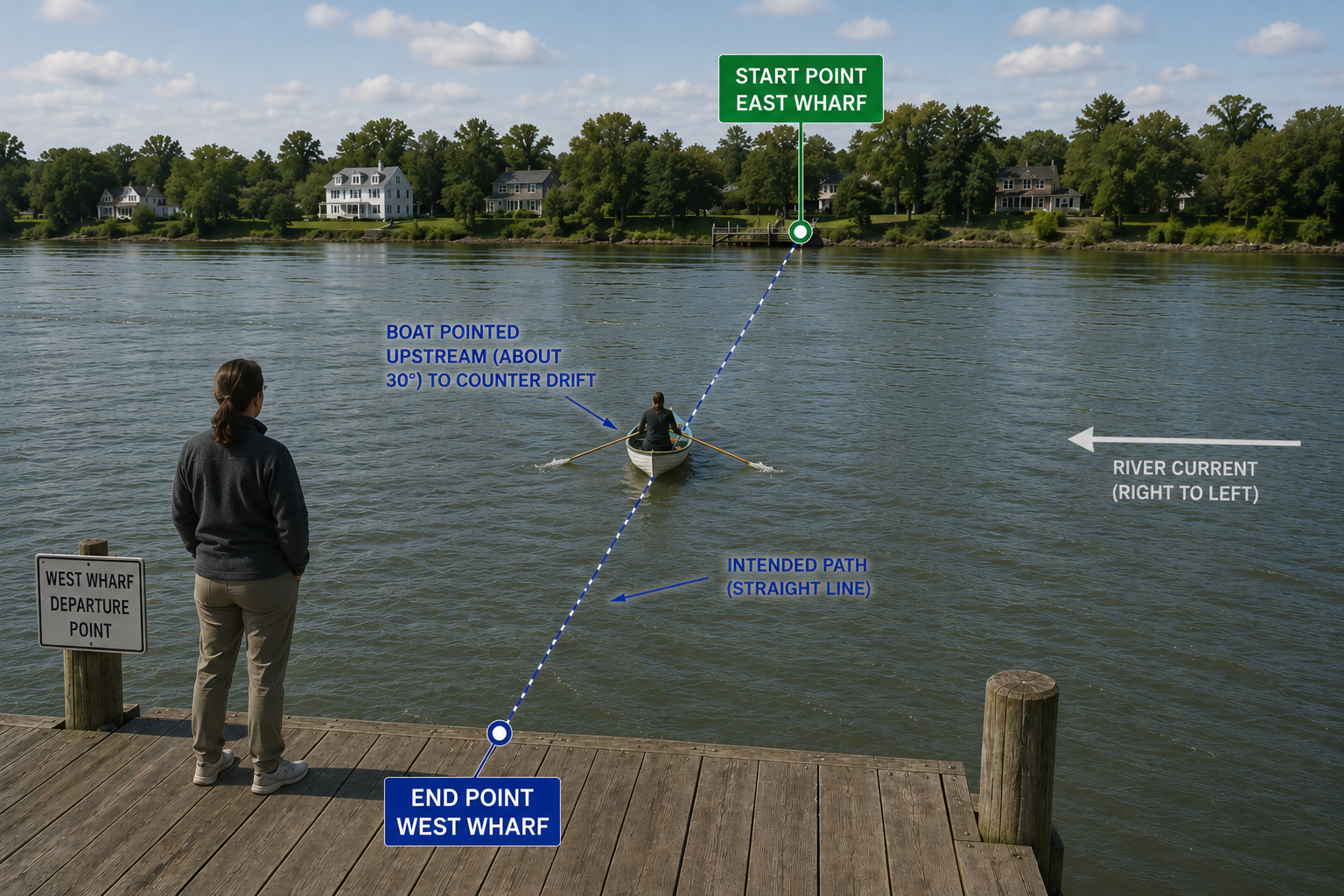 A person rowing a boat across a flowing river, angling the boat upstream to reach a point on the far bank — an everyday example of correcting for drift.