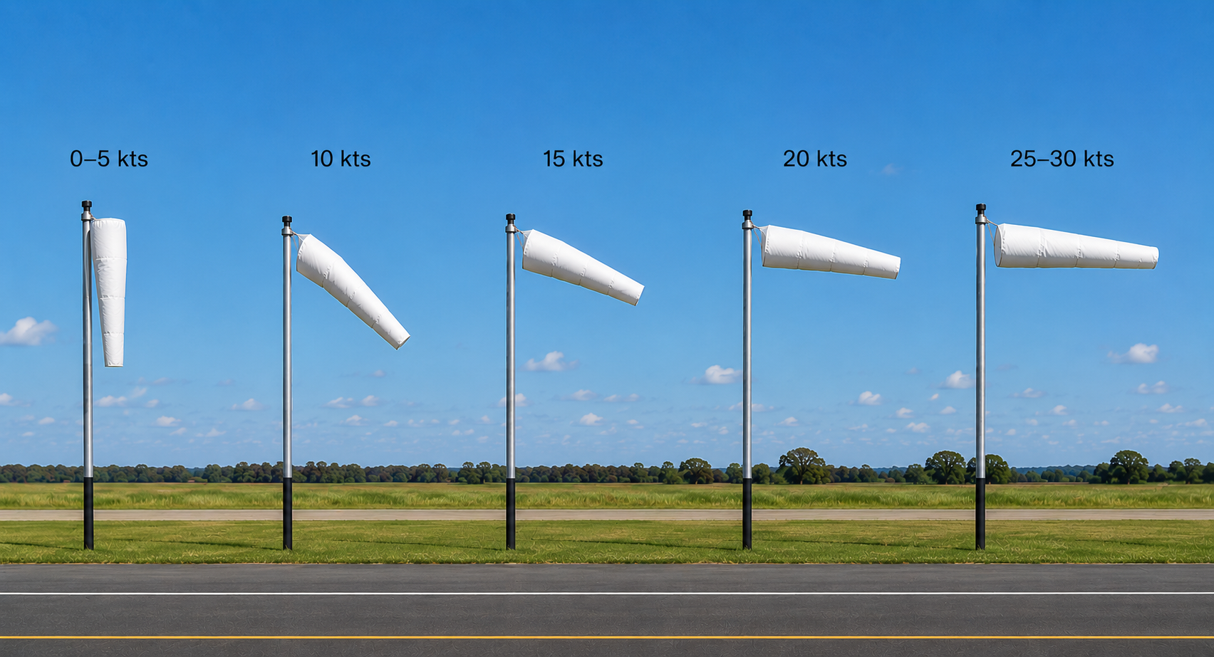 A windsock at several angles of extension, showing how the droop indicates wind strength: fully horizontal in a strong wind through to limp when calm.